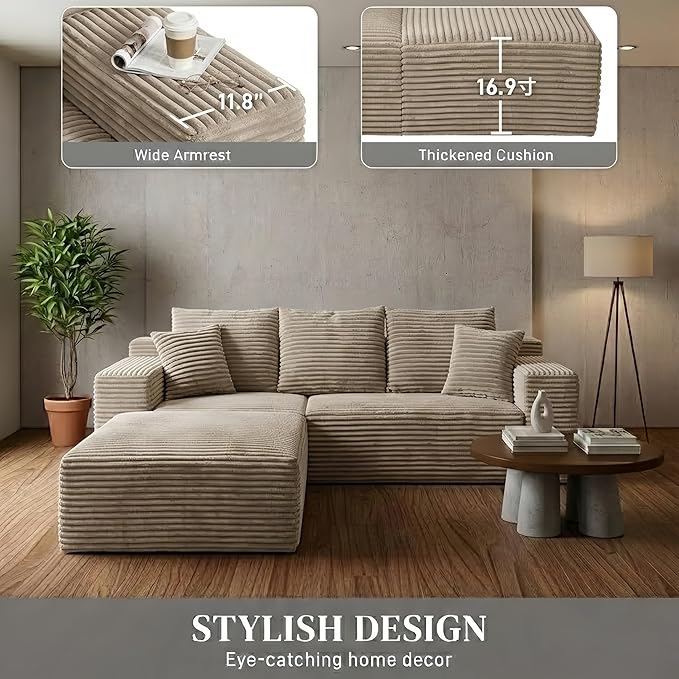 107 L-Shaped 6-Sea Modular Sectional Sofa Cloud Boneless Deep Seat Corduroy Couch with Left Facing Chaise Lounge Flexible Modular Design No Assembly for Living Room Brown