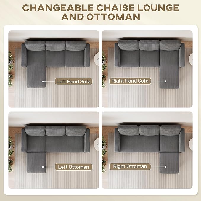 HOMCOM 73 Sectional Sofa L Shaped Couch with Reversible Chaise or Ottoman Corduroy 3 Seat Sectional Couch for Living Room Bedroom Apartment 2200lb Capacity Dark Gray