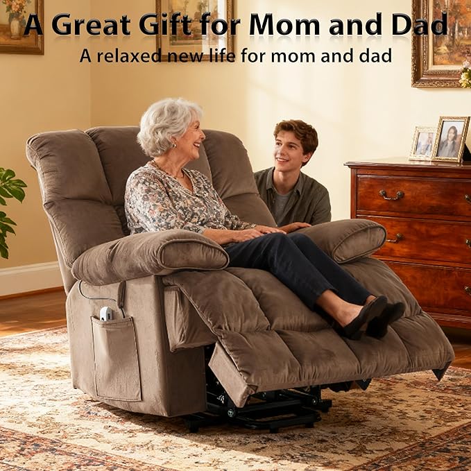 Power Lift Recliner for Elderly with Heat and Massage Electric Velvet Lift Recliner Chair with Side Pockets and USB Charge Port for Bedroom Living Room and Nursing Home Brown