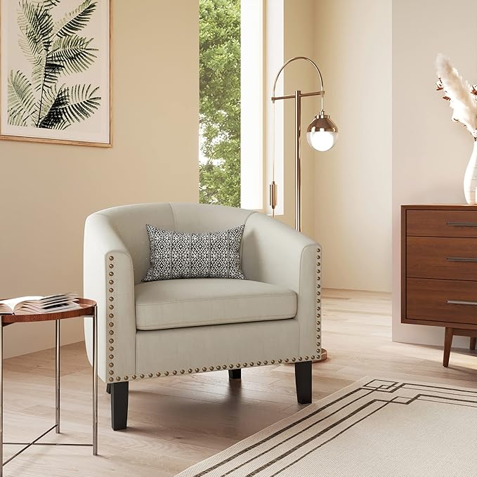 BELLEZE Accent Barrel Chair Set of 2 Modern Tub Club Chair Upholstered Armchair with Gold Nail Head Trim and Black Legs for Living Room Bedroom Apartment Lounge - Beige/Linen