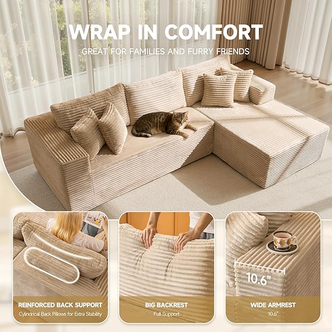 108 Modular Cloud Sofa High-Density Foam Sectional Couch Oversized Convertible L-Shaped Sofa Bed with Plush Fabric Deep Seats Wide Armrests Boneless Couches for Living Room Beige