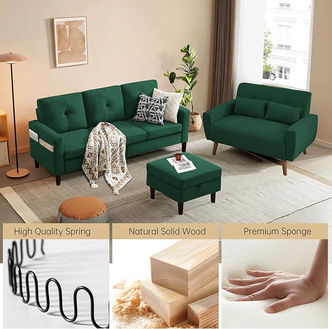 2 Pcs Convertible Sectional Sofa Set 3-Seater L Shaped Couch with Reversible Chaise and Comfy Loveseat Sofa Polyester Fibre for Living Room Green
