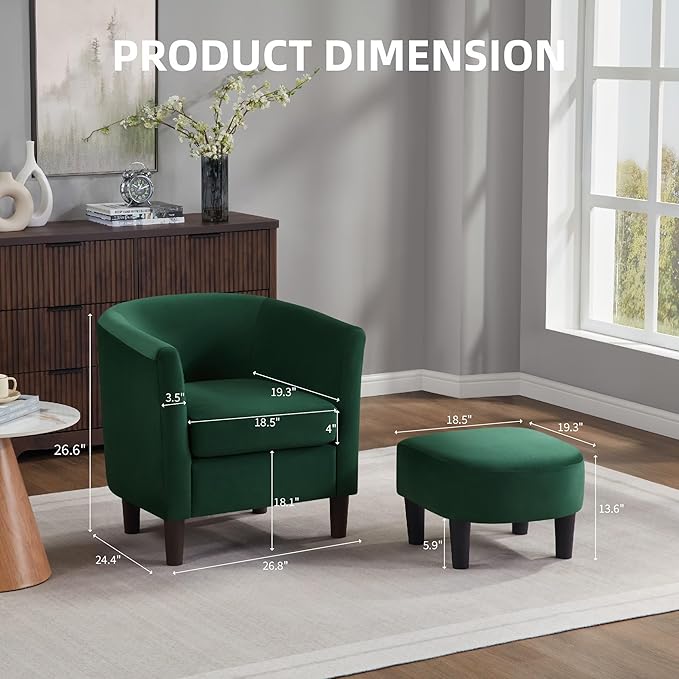 Velvet Accent Chair with Ottoman Modern Barrel Armchair Plush Lounge Chair for Living Room Bedroom Reading Nook 4 Colors (Green)