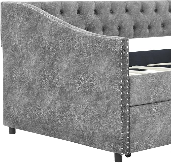 Twin Size Upholstered Daybed with Drawers Tufted Sofa Bed with Waved Arms Grey Polyester Mid-Century Design 500lbs Capacity