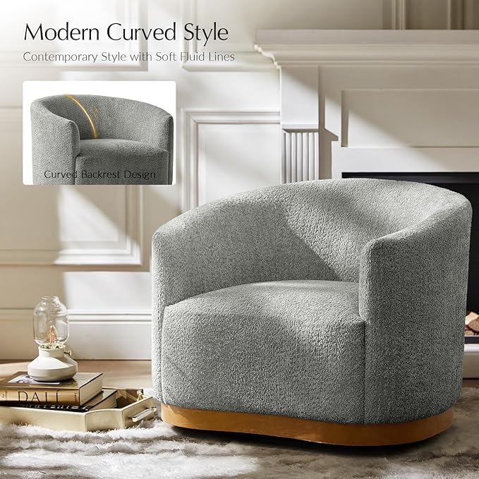 HULALA HOME Chenille Swivel Accent Chair Fully Assembled Comfy Upholstery Barrel Armchair with Sturdy Solid Wood Base Grey