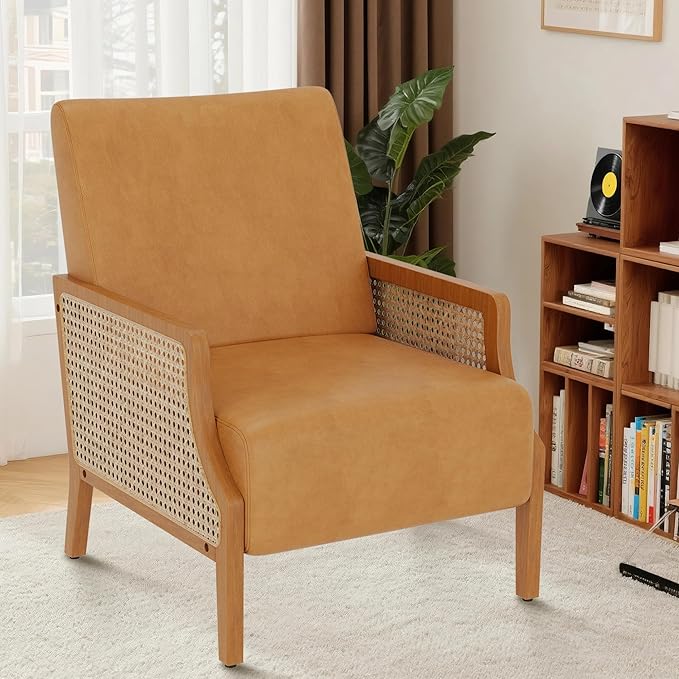 WENTMENT Modern Accent Chair Armchair with Natural Rattan Armrest Upholstered Living Room Chair Comfy Single Sofa Chair for Hosting Room/Bedroom Brown