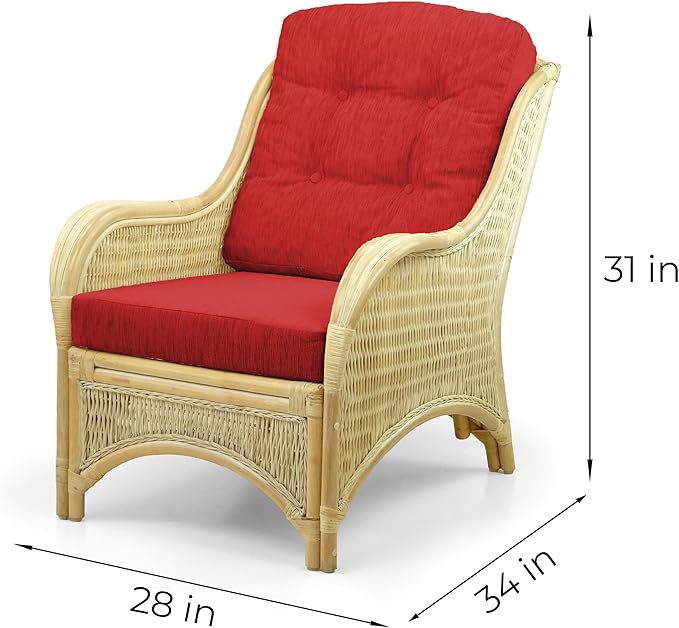Wickerix Jam Lounge Living Accent Armchair Natural Color Natural Rattan Wicker Handmade Design with Red Cushion