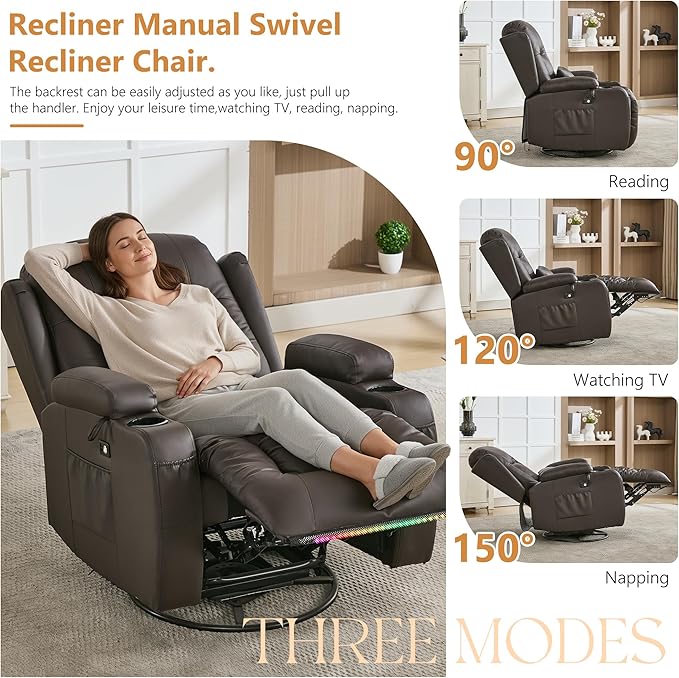 URRED Rocker Recliner Chair for Adults 270° Swivel Glider Reclining Single Sofa with LED Ambient Light Cup Holders and Side Pockets Faux Leather Recliner for Living Room or Home Theater Brown