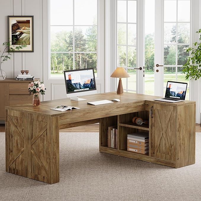 Tribesigns 71 L-Shaped Executive Desk with File Cabinet Large Office Computer Table with Storage Shelves Professional Business Furniture Workstation for Home Office Rustic Brown