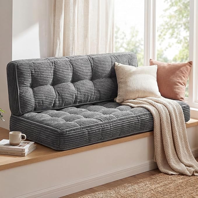 63 Inch Folding Bench Cushion 4 Inch Thick 2-in-1 Convertible Long Floor Lounger Boneless Cushions Couch Mattress Upholstered for Yoga Reading Sleeping Meditation Living Room(Dark Grey)