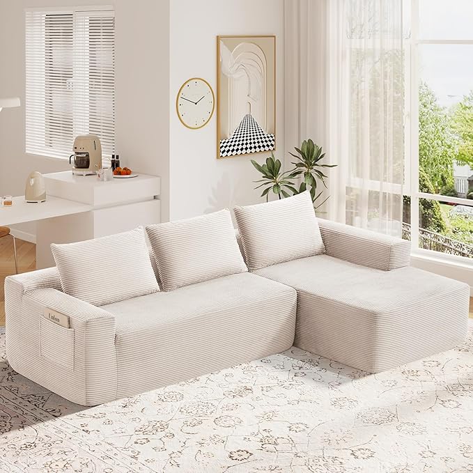 97 L Shaped Boneless Couches fo Living Room Modular Sectional Sofa White Corduroy Compression Couches for Small Spaces No Assembly Required (Right Facing Chaise)