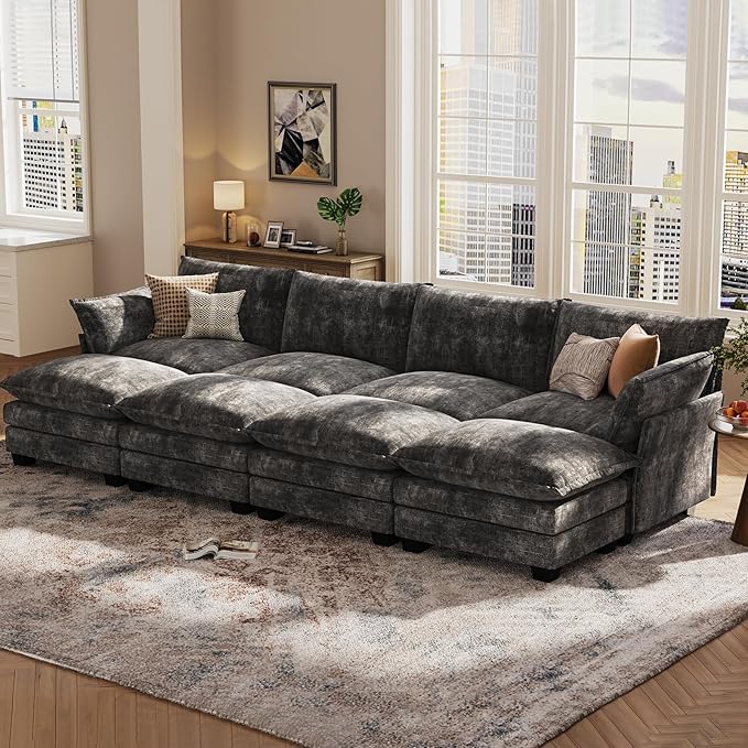 KKL 120 Huge Modular Sectional Sofa Bed 8 Seater Convertible J/L/U-Shaped Sleeper Cloud Couch with Ottoman Chenille Sectional Couches for Living Room Apartment Grey