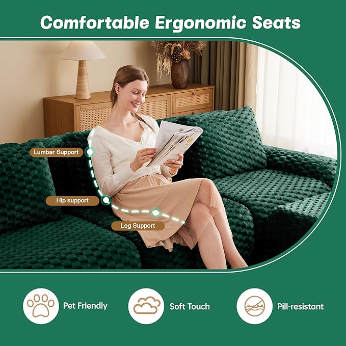 146 Boneless Couches for Living Room Oversized U-Shaped Couch with Buckle Connection Anti-Slip Design Flannelette Fabric Modular Sectional Sofa with Deep Seat (Green 4 Seat + 2 Ottoman)