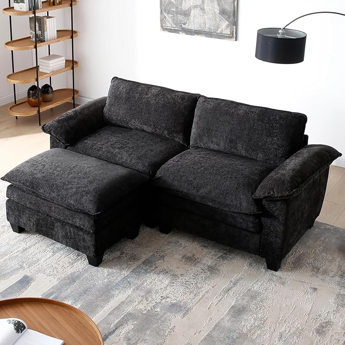 mestyl Modular Loveseat Cloud Couch Comfy Sectional Sofa L Shaped 2 Deep Seat Sofa Couch with Ottoman 84 Soft Love Seat Modern Couches for Living Room Bedroom Chenille Black