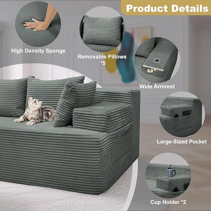 Boneless Couch Cloud Modular Sectional Sofa Modern Convertible L Shaped 3 Seat Corduroy Deep Seat Boneless Couches with 5 Pillows for Living Room Apartment (Dark Gray Left Facing Chaise+Ottoman)