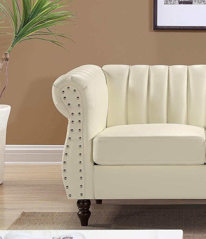 Chesterfield-Inspired 77 Faux Leather Sofa with Elegant Design Gourd Legs and Sustainable Pleather Upholstery 3 Seater Couch for Living Rooms and Offices Cream White