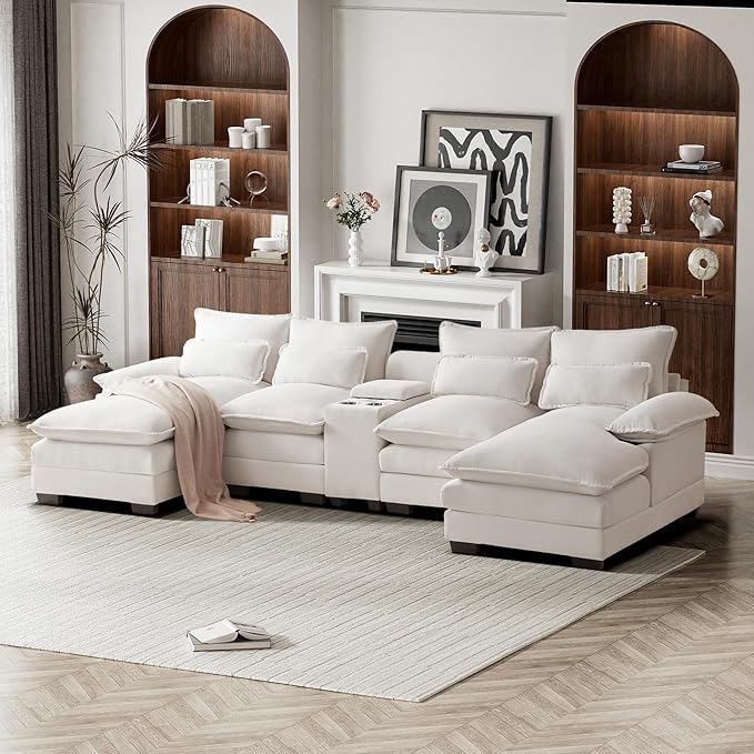 124 Oversized U Shaped Cloud Couch Modular Sectional Couches for Living Room Comfy Chenille Deep Seat Sofa Set with Double Chaise Lounge Storage Central Console Cup Holders USB Port Beige