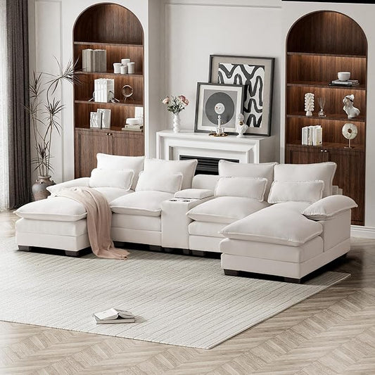 124 Oversized U Shaped Cloud Couch Modular Sectional Couches for Living Room Comfy Chenille Deep Seat Sofa Set with Double Chaise Lounge Storage Central Console Cup Holders USB Port Beige