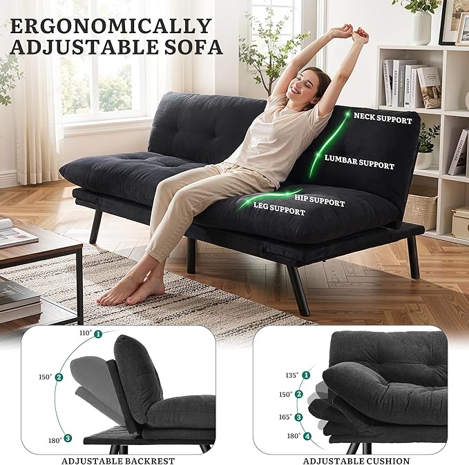 YITAHOME Convertible Futon Sofa Bed with Adjustable 3 Color Light Strip 70 Folding Futon Set for Living Room Home Office Aprtment Modern Futon Couch with Adjustable Backrest &amp Armrests Black