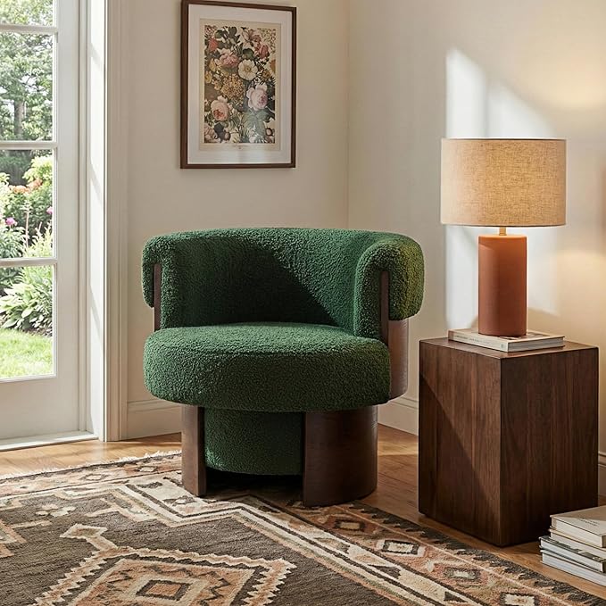 360° Swivel Barrel Chair Set of 2 Modern Curved Sculptural Swivel Barrel Chair Comfortable Fabric Upholstered Single Sofa for Living Room and Bedroom (Green/144)