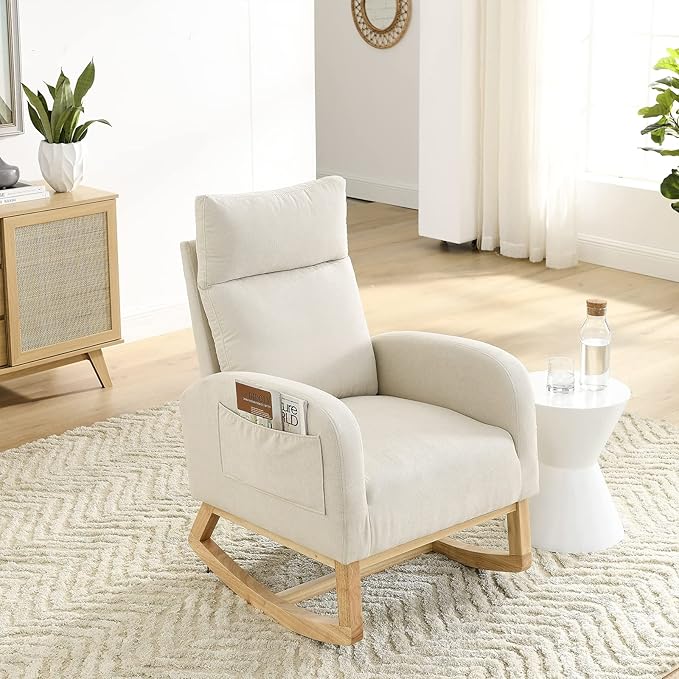 Nursery Rocking Glider Chair Modern Fabric Tall Back Accent Rocker Chair Upholstered Arm Chair w/Side Pockets Modern Leisure Single Sofa for Living Room Hotel Bedroom Office Beige