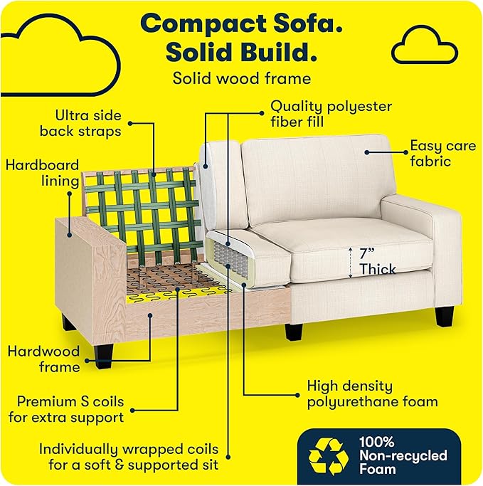 Serta Palisades 73 Track Arm Sofa Easy Care Polyester Soft Pillow Back Pocket Coil Seat Cushions Removable Covers Loveseat or Couch for Small Spaces Living Rooms or Bedrooms Buckwheat Beige