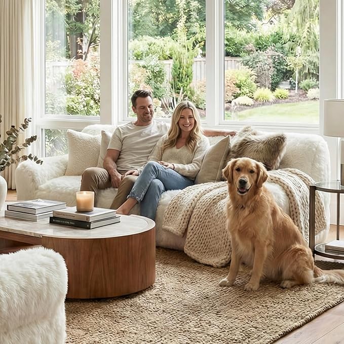 White Compressed Couch 70 2-Seater Fluffy Faux Fur Boneless Loveseat Sofa with Memory Foam for Living Rooms Bedrooms Apartments No Assembly Required | Plush faux fur Memory foam comfort Zero as