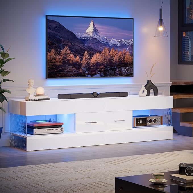 Bestier TV Stand for 55/60/65 Inch TV High Gloss Modern TV Stand with Stone-Patterned Side Panels LED Entertainment Center with Large Drawer TV Consoles for Living Room Bedroom (Glossy White)