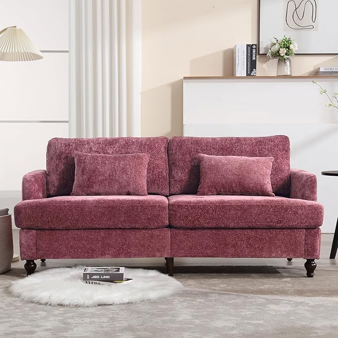 68'' Sofas Couch for Living Room Mid Century Modern Sofa with Deep Seats Chenille Loveseat Cloud Couch Comfy Small Couches for Small Spaces Apartment Bedroom Wine Red