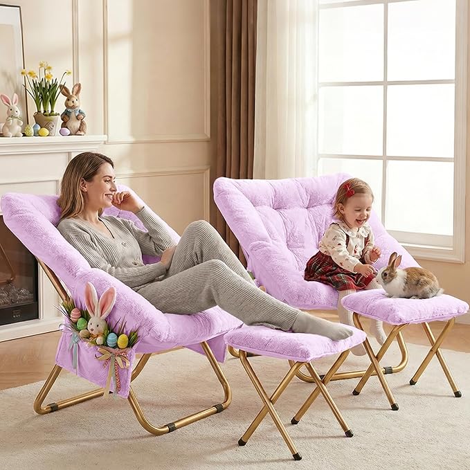 Comfy Saucer Chair Foldable Living Room Chairs Soft Faux Fur Lounge Chair for Bedroom Reading Chairs for Adults Teens X-Large (Lavender)
