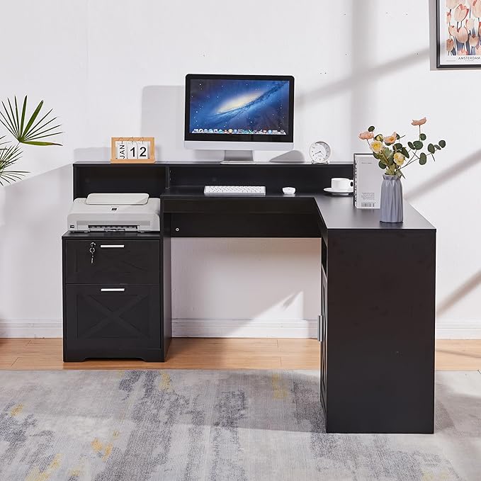 60 L Shaped Executive Desk with Printer SpaceCorner Computer Desk with Power OutletsLockable Drawers &amp Adjustable File CabnetL Shaped Office Desk with Monitor Stand (Black)