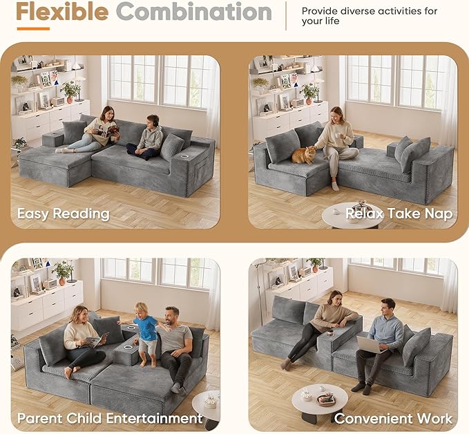 Homall 109 Boneless Couch with Memory Foam Modular Sectional Sofa with L-Shape Chaise Cloud Couch with Deep Seat Dual Cup Holders &amp Side Pockets No Assembly Required (Gray)