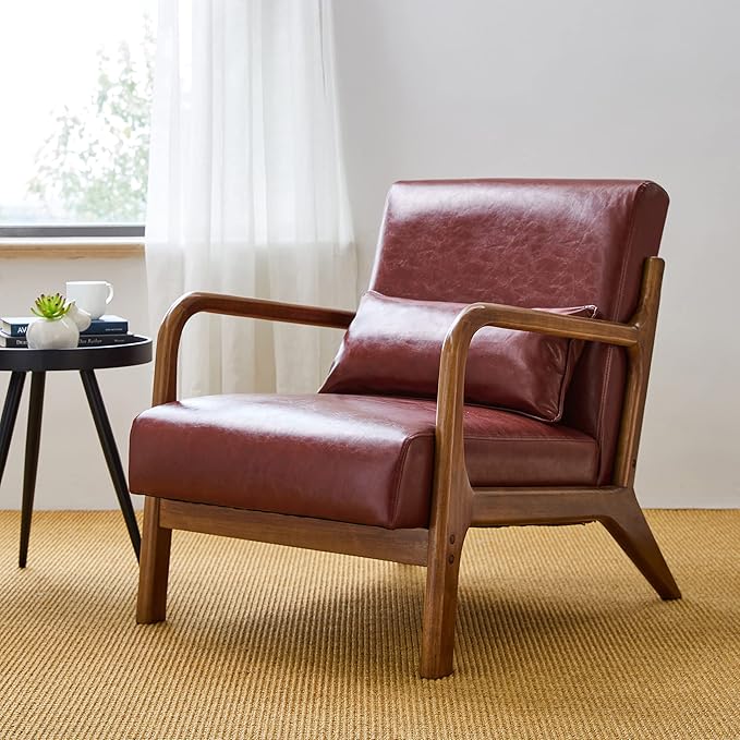 Glitzhome 30.75 H Mid Century Red Accent Armchair Single Reading Armchair PU Leather Lounge Chair with Walnut Ruberwood Frame