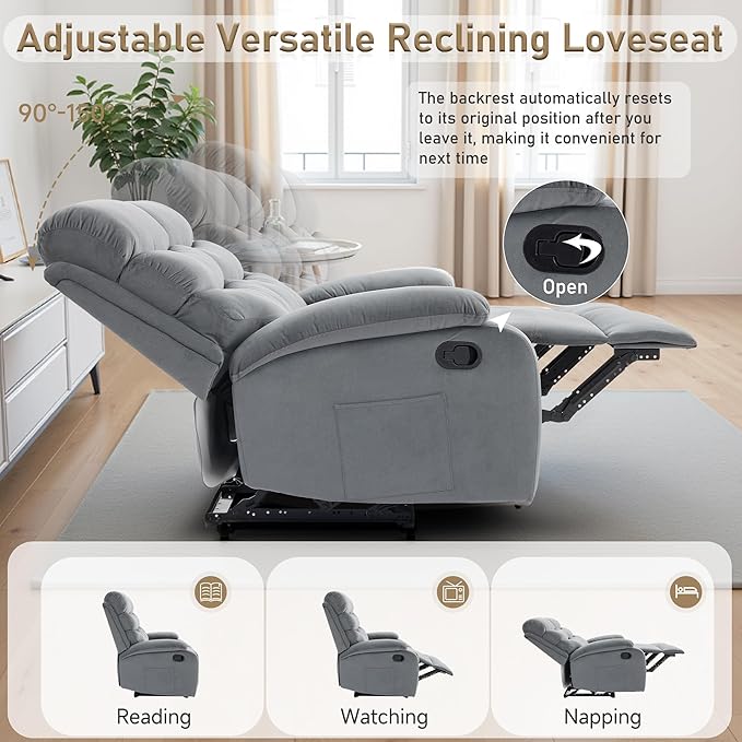 Velvet Recliner Loveseat Manual Double Loveseat Recliner RV Reclining Love Seat with Side Pockets for Living Room Home Theater