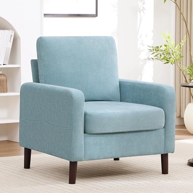 Accent Chair for Living Room Modern Reading Chair for Bedroom Upholstered Armchair with Wood Legs and Side Pockets Single Sofa Side Chair for Office Small Room Apartment Teal Green