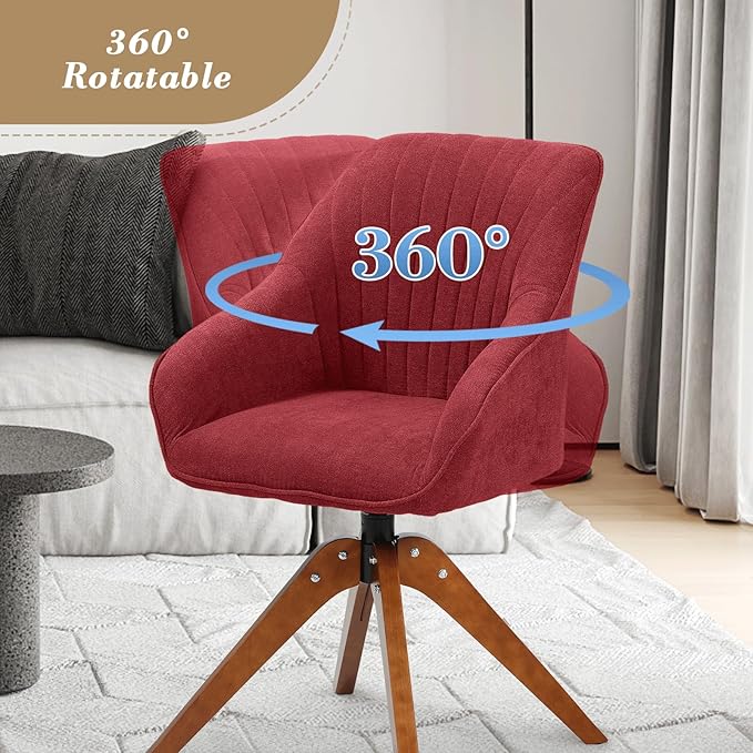 Athena Collection Swivel Modern Accent Chair Linen Upholstered Armchair Office Desk Chair No Wheels with Wooden Legs Comfy Vanity Chair Reading Chair for Bedroom Living Room Office Red