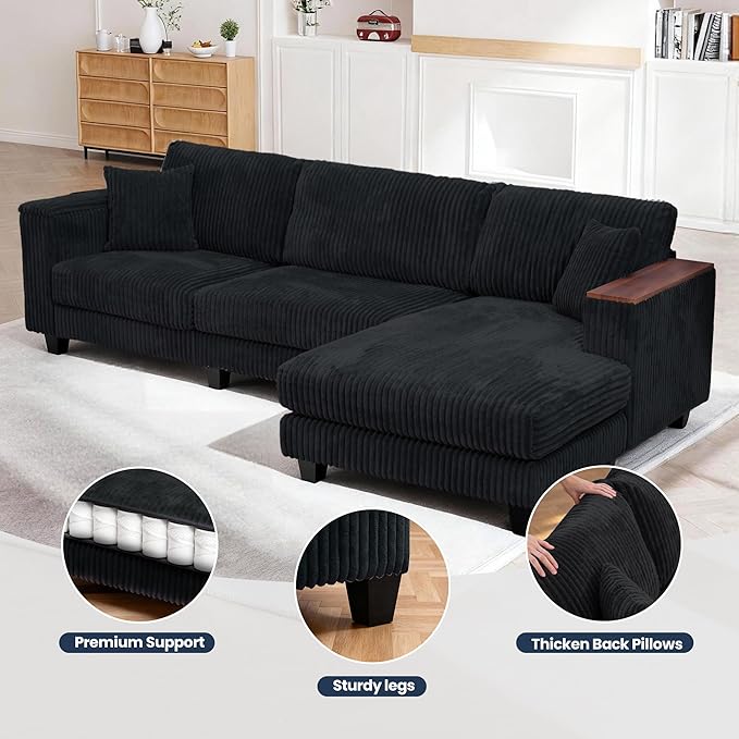114 Cloud Sectional Couch with L-Shape Reversible Chaise Modern Corduroy L Shaped Couch with 2 Pillows &amp Storage Armrests 4 Seater Sectional Couches for Living Room Plush Corduroy Black
