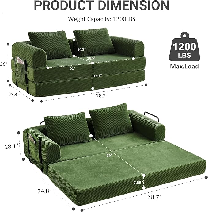 Convertible Sleeper Sofa Bed 78.7 Folding Floor Sofa Mattress Couch with Pillows Corduroy Futon Boneless Couch Lounge Loveseat with Pull Out Bed Green