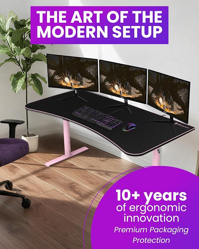 Arozzi Arena Large Gamer Desk - 63x32” Adjustable Height PC Gaming Desk with Storage for Cables &amp Triple-Monitor Support - Full-Surface Washable Mousepad - Pink