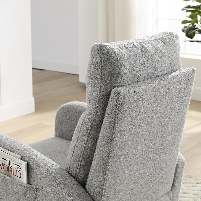 Modern Accent High Back Rocking Chair with Side Pockets Grey Teddy Fabric for Living Room and Nursery