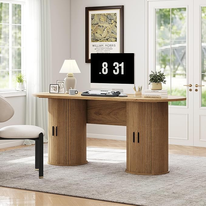 blini Executive Office Desk with Storage Fluted Wood Computer Desks with 2 Sliding Doors Mid Century Modern Oval Writing Table for Home Office Study Room Living Room