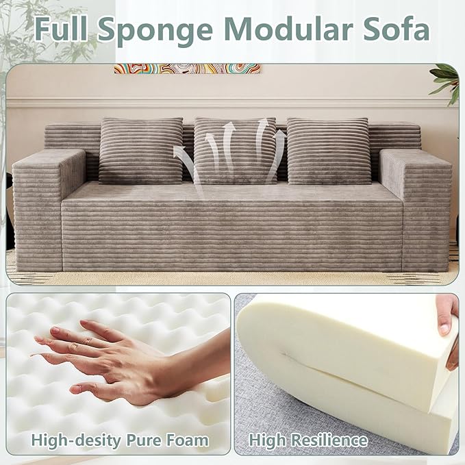 71Cloud Loveseat SofaBoneless Deep Seat 2-Seater with 3 Pillows&ampSide PocketNo Assembly Foam Floor CouchPlush Corduroy FabricModern Living Room Sofa for Small Space Apartment(Flat HandrailCam