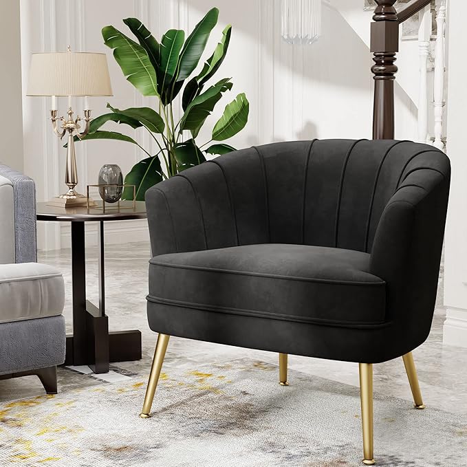 Andeworld Velvet Accent Chair Upholstered Modern Single Sofa Side ChairComfy Barrel Club Living Room Armchair with Golden Metal Legs for Bedroom Living Reading Room Office Black