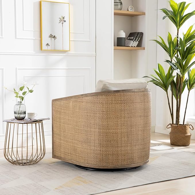 Swivel Barrel ChairLeather Accent Chair with ArmsCushion BackRattan FrameRound Swivel Chair for Living RoomBedroomOfficeWaiting Room (Oyster Grey Leather)