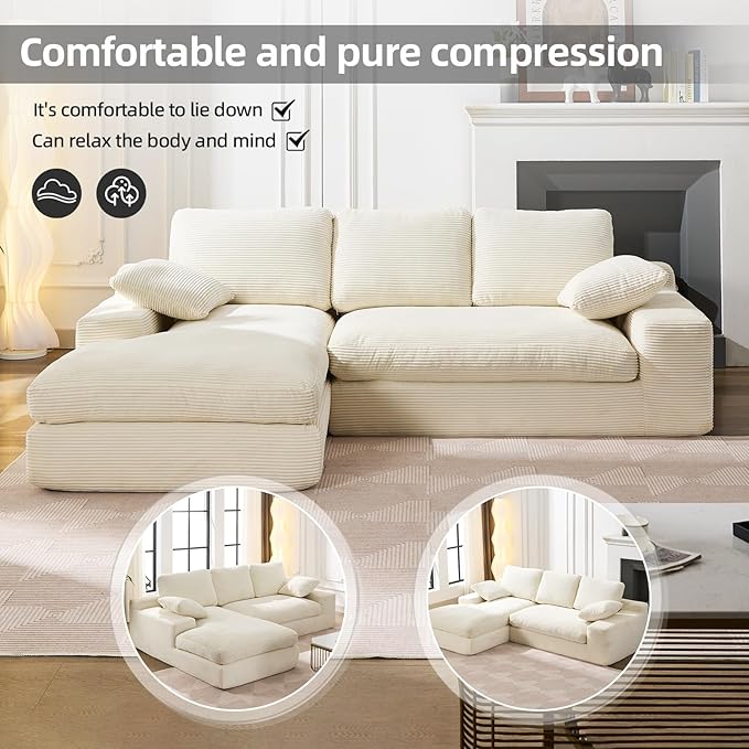 98.4 Cloud Modular Sectional Couch with ChaiseL-Shaped Modern Upholstered Sofa with Deep SeatCorduroy Sectional Couches for Living Room and BedroomNo Assembly Required(Beige)