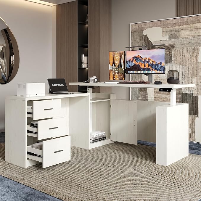 WOODTIME L Shaped Electric Standing Desk with Door &amp 3 Drawers Height Adjustable Home Office Computer Desk 63 L Stand up Corner Table Beige
