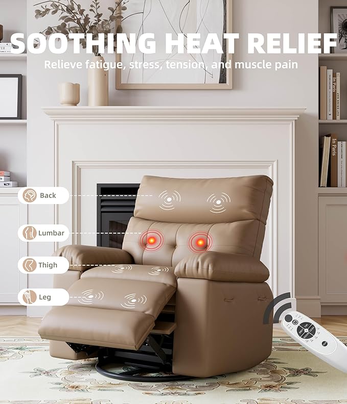 GarveeHome Electric Power Recliner Chair - PU Leather Swivel Rocker with Massage &amp Heat 270° Rotation Side Pocket &amp Remote Control - Compact 21 in Wide Motorized Glider for Living Room Nurs
