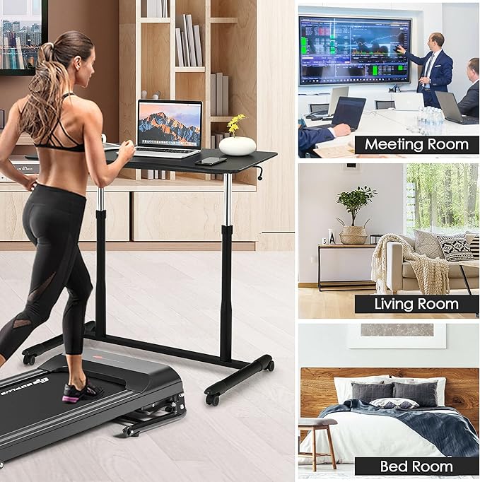 DORTALA Ergonomic Sit Stand Desk Pneumatic Height Adjustable Desk on Wheels Mobile Bedside Computer Desk w/Lockable Casters Sturdy Steel Frame for Living Room Bedroom Office Black