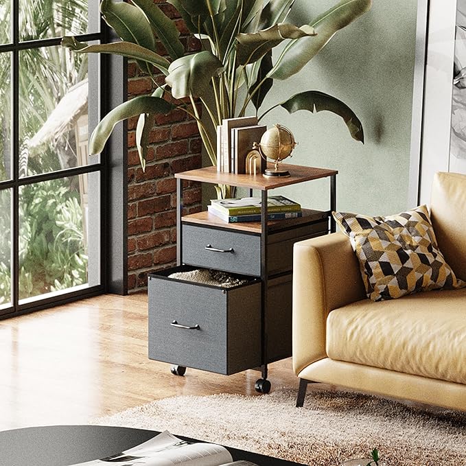 DEVAISE Mobile File Cabinet Rolling Printer Stand with Open Storage Shelf Fabric Vertical Filing Cabinet fits A4 or Letter Size for Home Office Rustic Brown