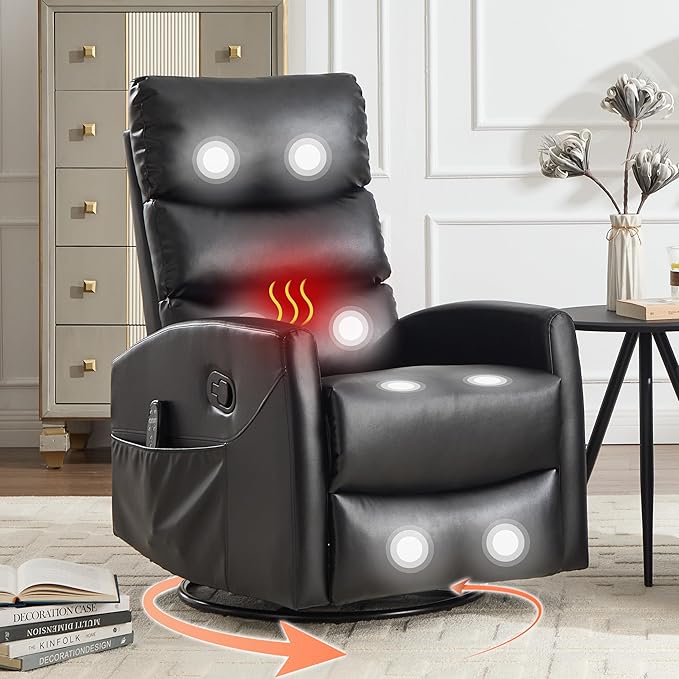 Luxlen Manual Swivel Rocker Recliner Chair with Massage Overstuffed Recliner Glider with Vibration Massage and Heat for Nursery Living Room Reclining Sofa Chair PU Leather Black